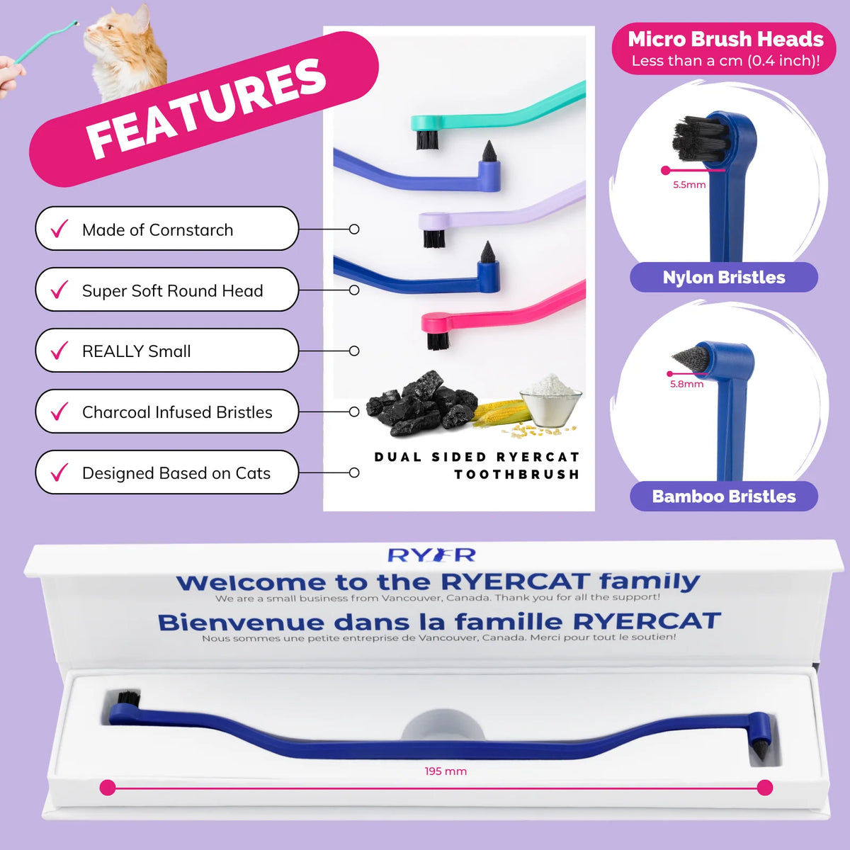 Cat Toothbrush with a Soft Round Brushing Head and Pick End for Everyday Brushing and Molar Grooves