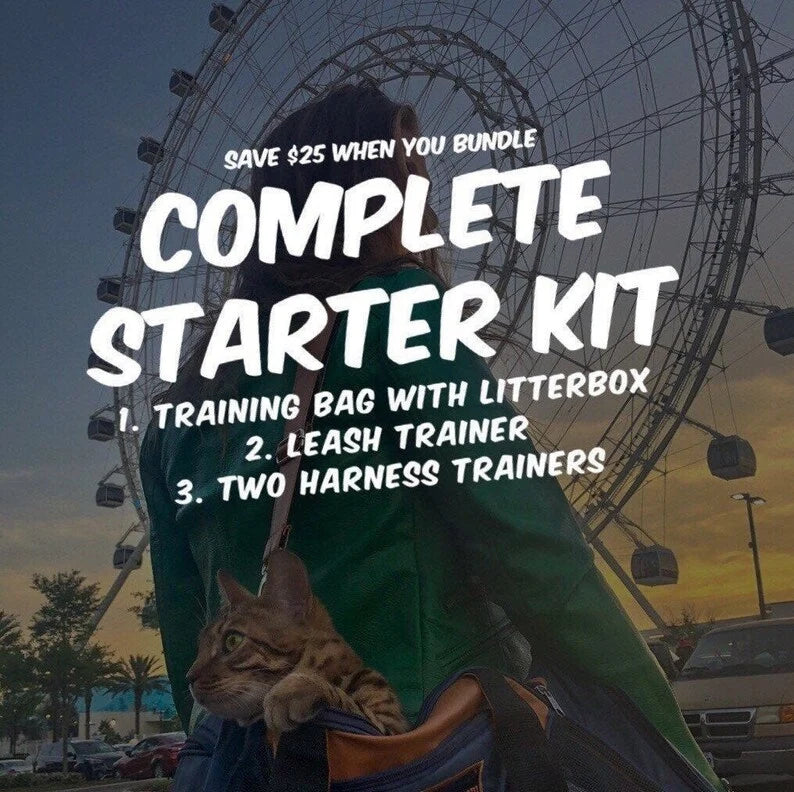 Cat Travel Carrier Training Bag with Self-Contained Litter Box, Collapsible Dish and Harness Set