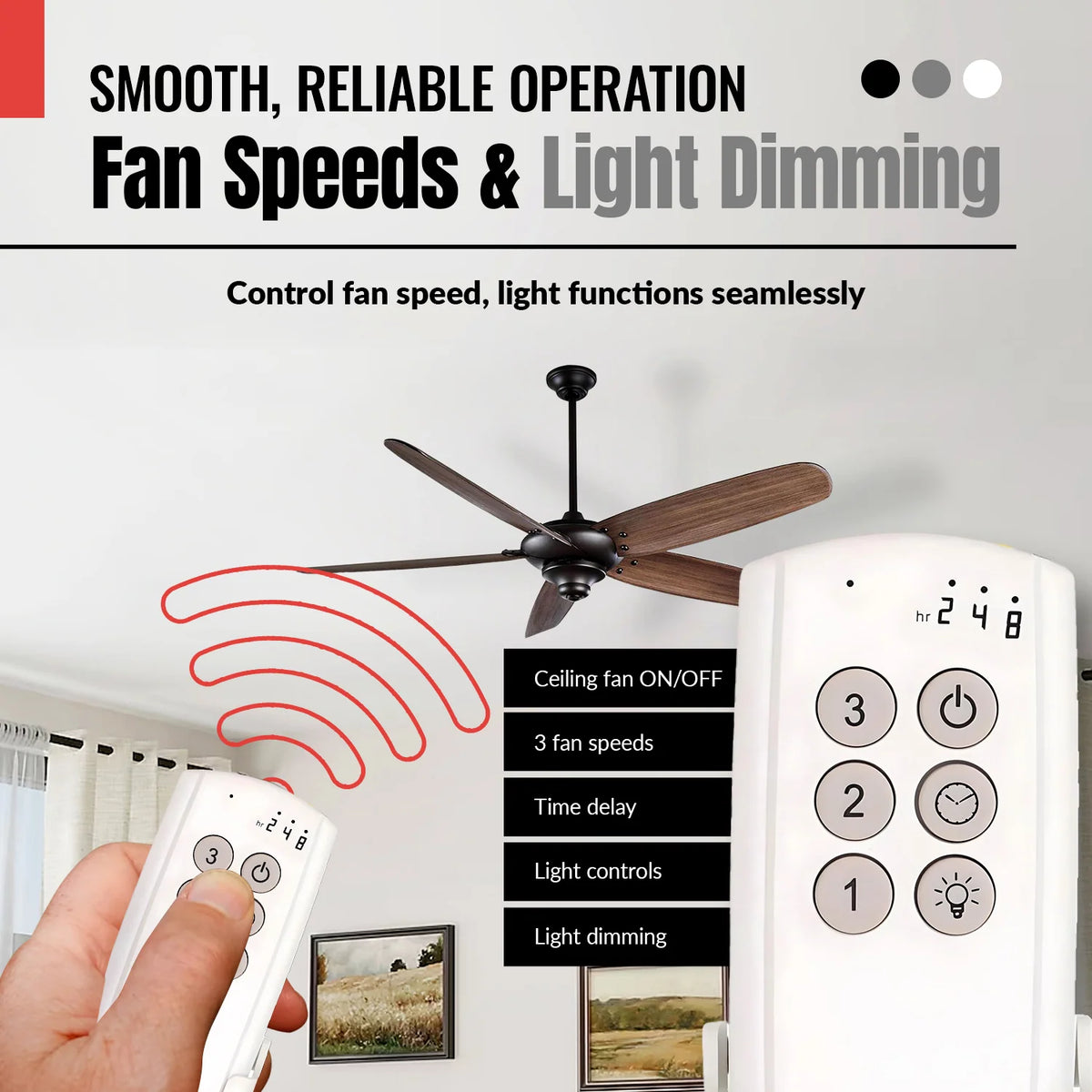Ceiling Fan Remote Control Kit for Most AC 3-Speed Fans with Light Dimming and Automatic Shut-Off