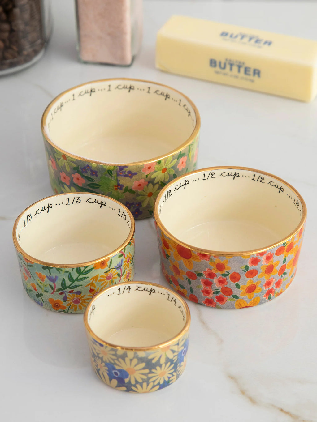 Ceramic Nesting Measuring Cups in a Multi Floral Design for Ingredient Prep When Cooking and Baking