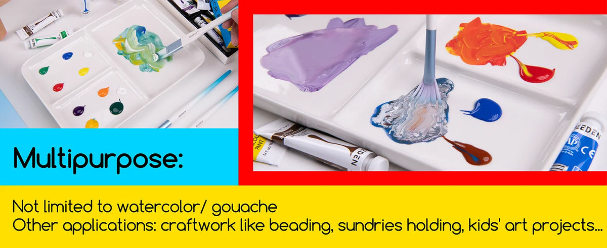 Ceramic Paint Palette with 3 Wells, 10 x 7 Inch White Glazed Porcelain Tray for Watercolor and Gouache Mixing