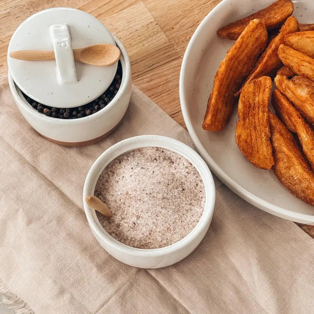 Ceramic Salt and Pepper Cellars Set with Fitted Lids and Small Spoons for Seasoning at the Stove or Table