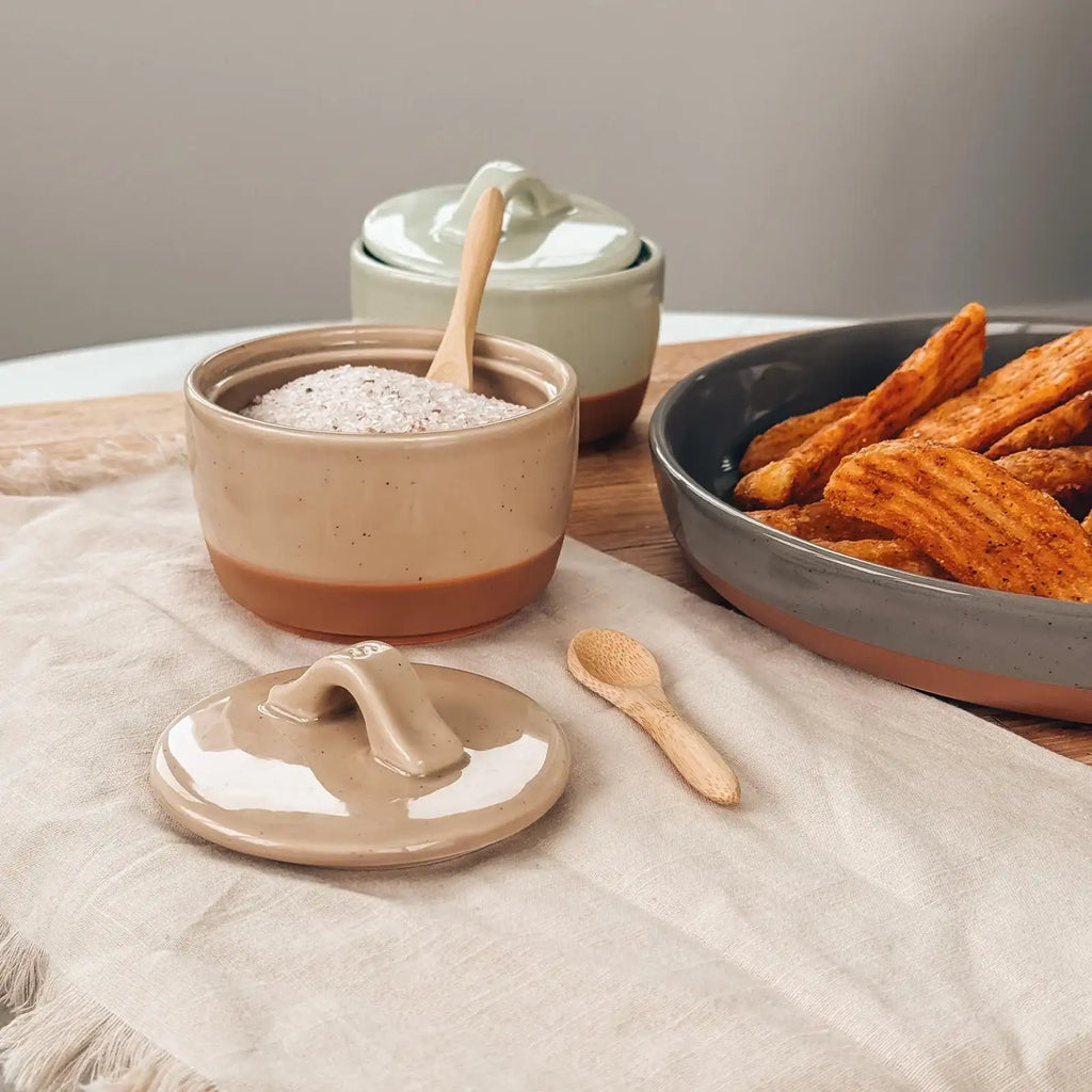 Ceramic Salt and Pepper Cellars Set with Fitted Lids and Small Spoons for Seasoning at the Stove or Table