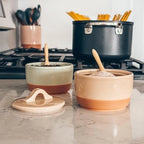 Ceramic Salt and Pepper Cellars Set with Fitted Lids and Small Spoons for Seasoning at the Stove or Table
