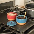 Ceramic Salt and Pepper Cellars Set with Fitted Lids and Small Spoons for Seasoning at the Stove or Table