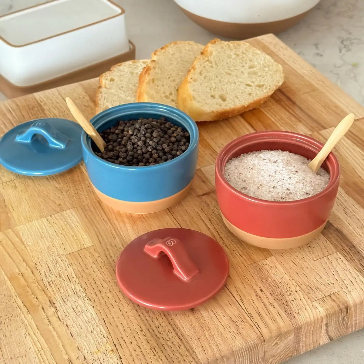 Ceramic Salt and Pepper Cellars Set with Fitted Lids and Small Spoons for Seasoning at the Stove or Table
