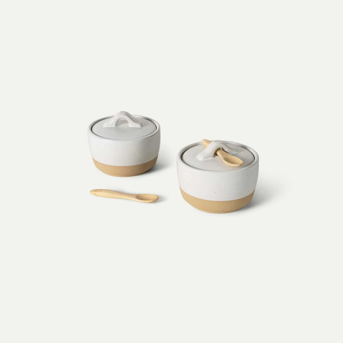 Ceramic Salt and Pepper Cellars Set with Fitted Lids and Small Spoons for Seasoning at the Stove or Table — Oat