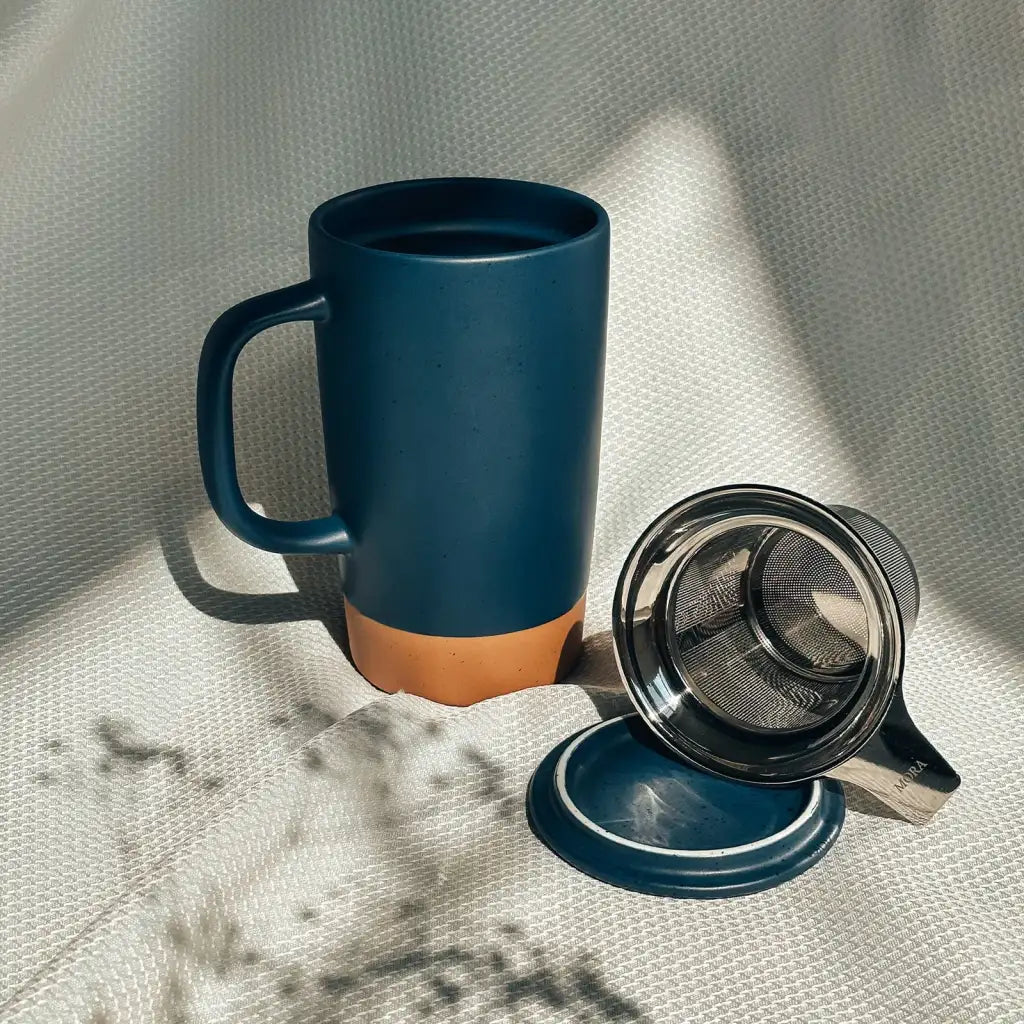 Ceramic Tea Mug Infuser Set with a Removable Fine-Mesh Strainer and Lid That Doubles as a Resting Tray