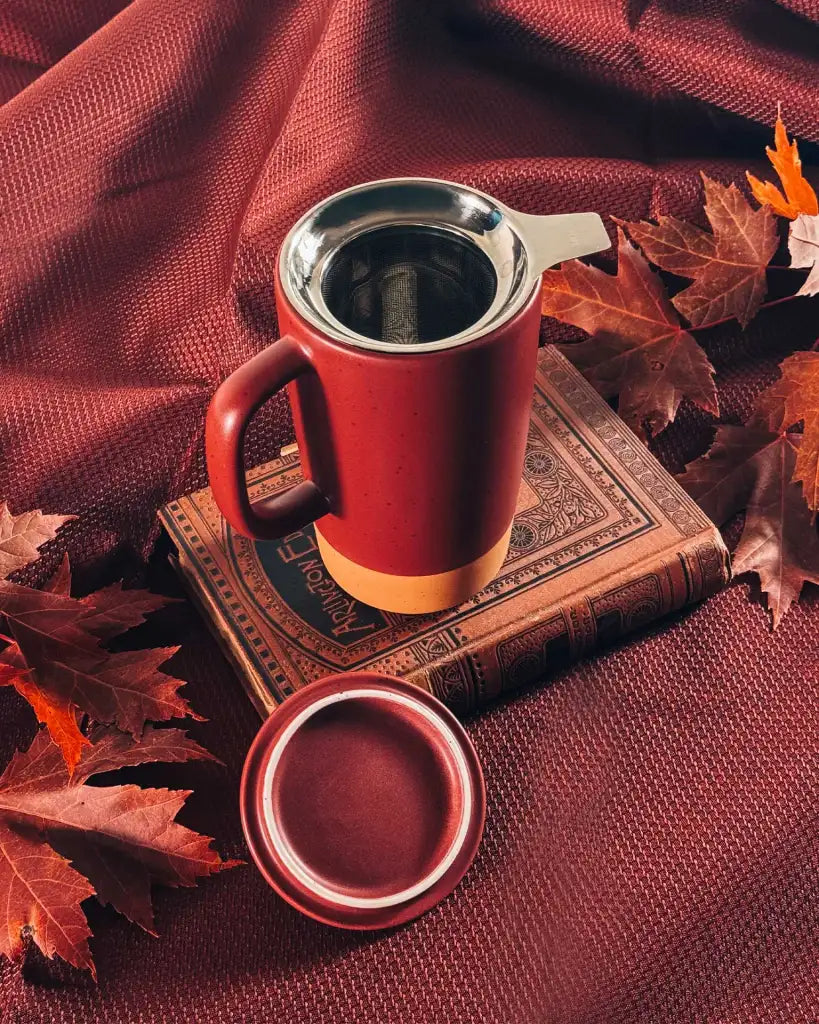 Ceramic Tea Mug Infuser Set with a Removable Fine-Mesh Strainer and Lid That Doubles as a Resting Tray