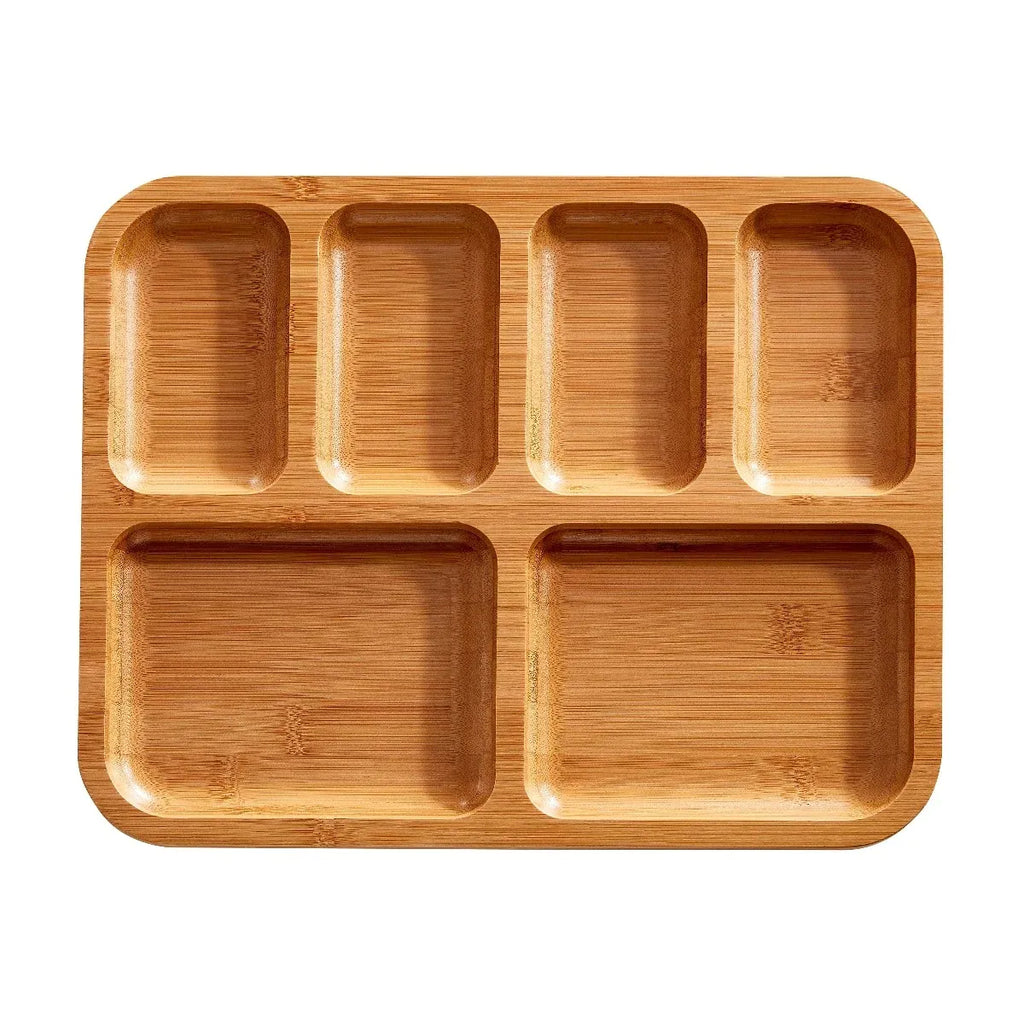 Charcuterie Board with Clear Locking Lid, 11x14-Inch Dual-Function Serving Platter, Select — 6 Section Bamboo w/Black Handle
