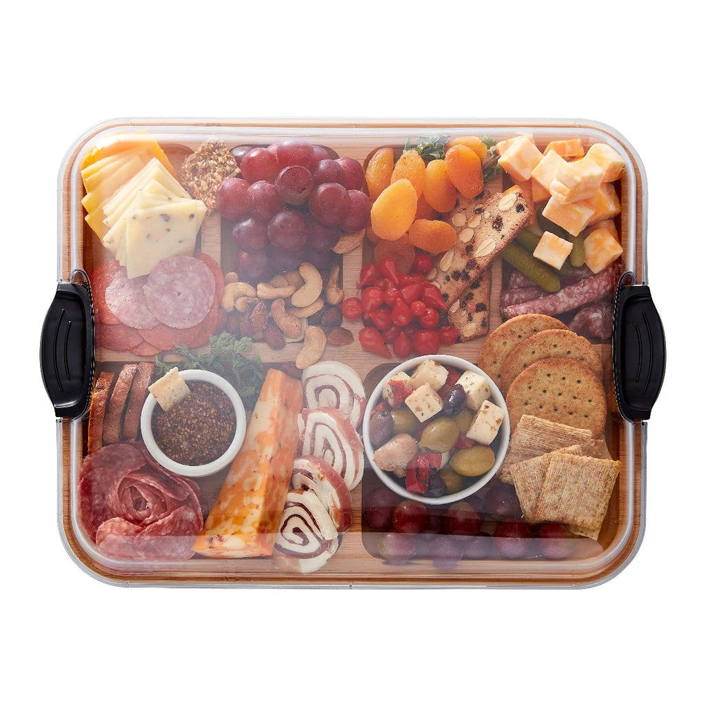 Charcuterie Board with Clear Locking Lid, 11x14-Inch Dual-Function Serving Platter, Select Compartments