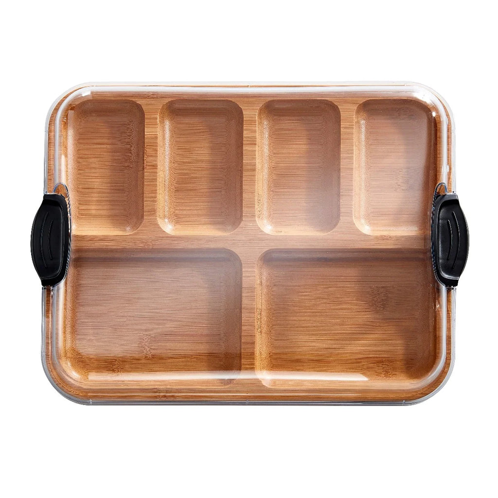 Charcuterie Board with Clear Locking Lid, 11x14-Inch Dual-Function Serving Platter, Select Compartments