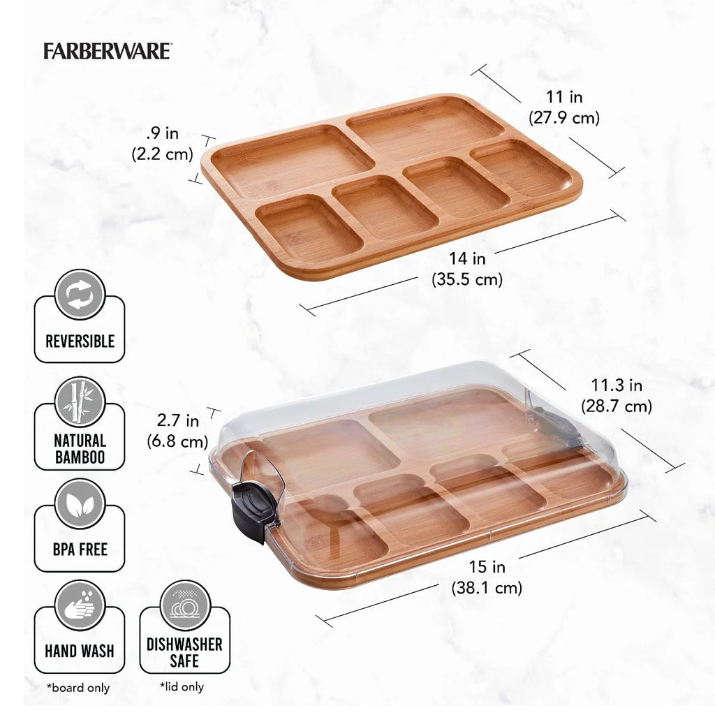 Charcuterie Board with Clear Locking Lid, 11x14-Inch Dual-Function Serving Platter, Select Compartments