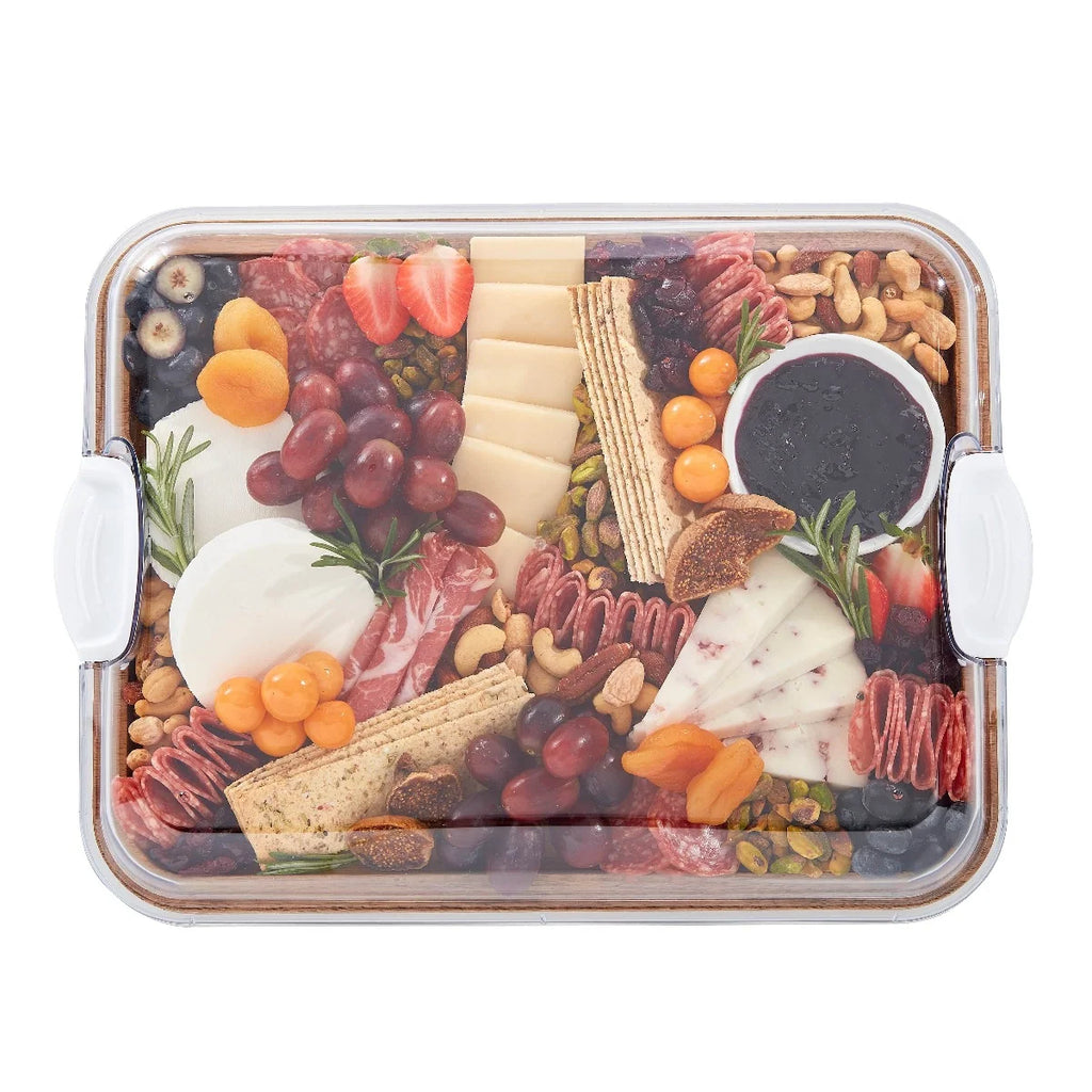 Charcuterie Board with Clear Locking Lid, 11x14-Inch Dual-Function Serving Platter, Select Compartments