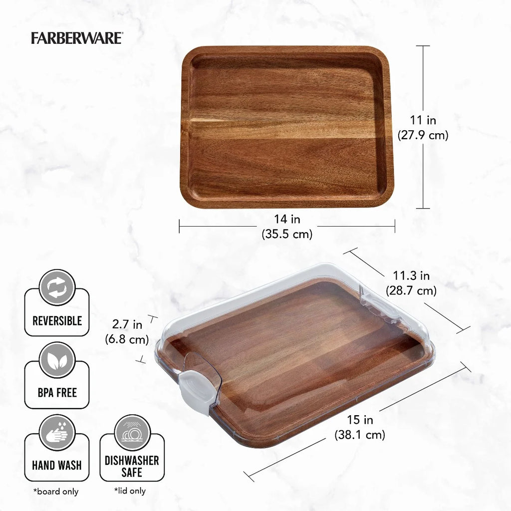 Charcuterie Board with Clear Locking Lid, 11x14-Inch Dual-Function Serving Platter, Select Compartments