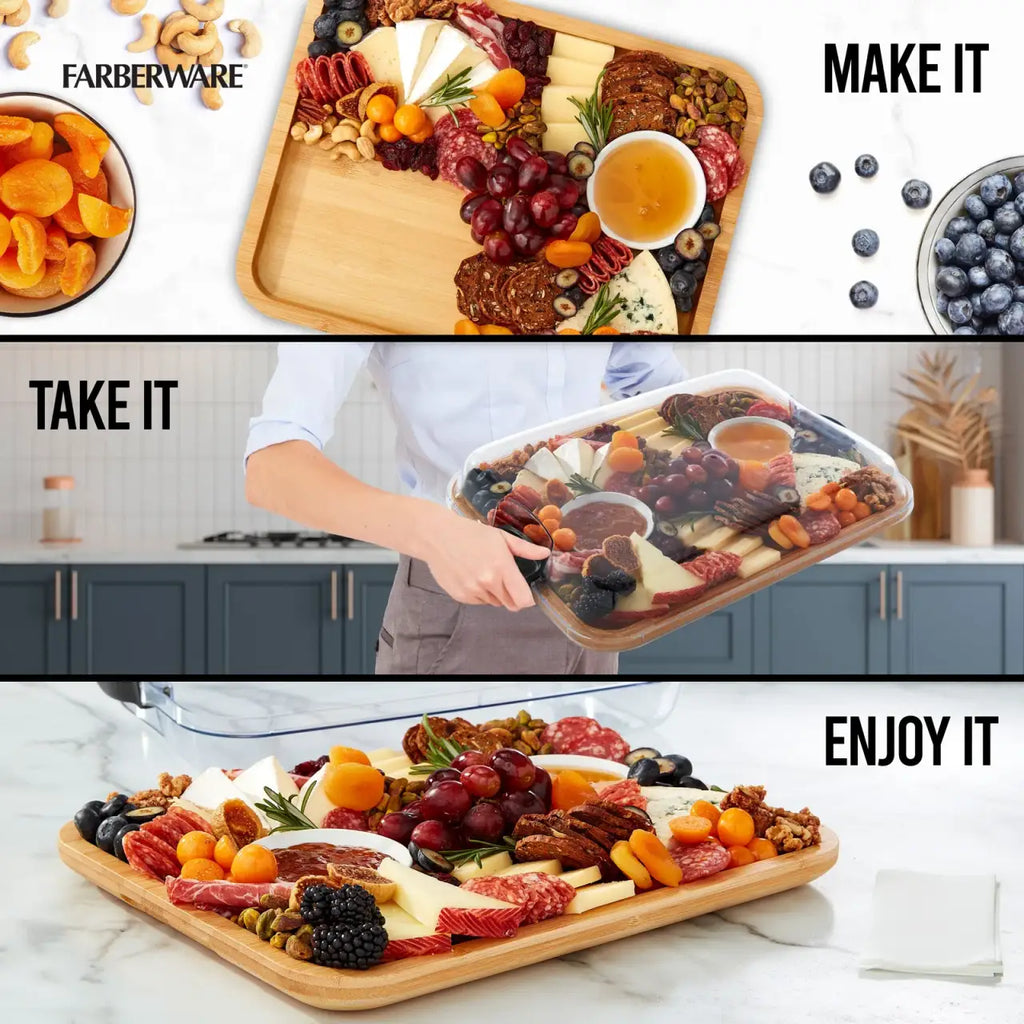 Charcuterie Board with Clear Locking Lid, 11x14-Inch Dual-Function Serving Platter, Select Compartments