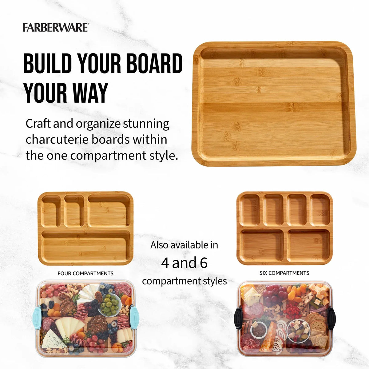 Charcuterie Board with Clear Locking Lid, 11x14-Inch Dual-Function Serving Platter, Select Compartments