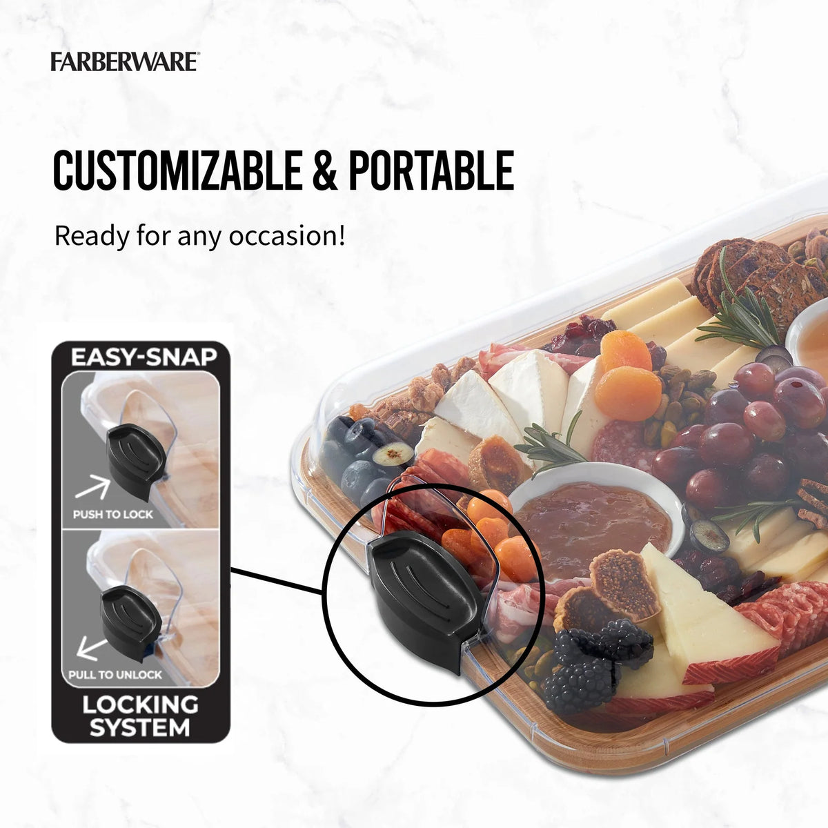 Charcuterie Board with Clear Locking Lid, 11x14-Inch Dual-Function Serving Platter, Select Compartments