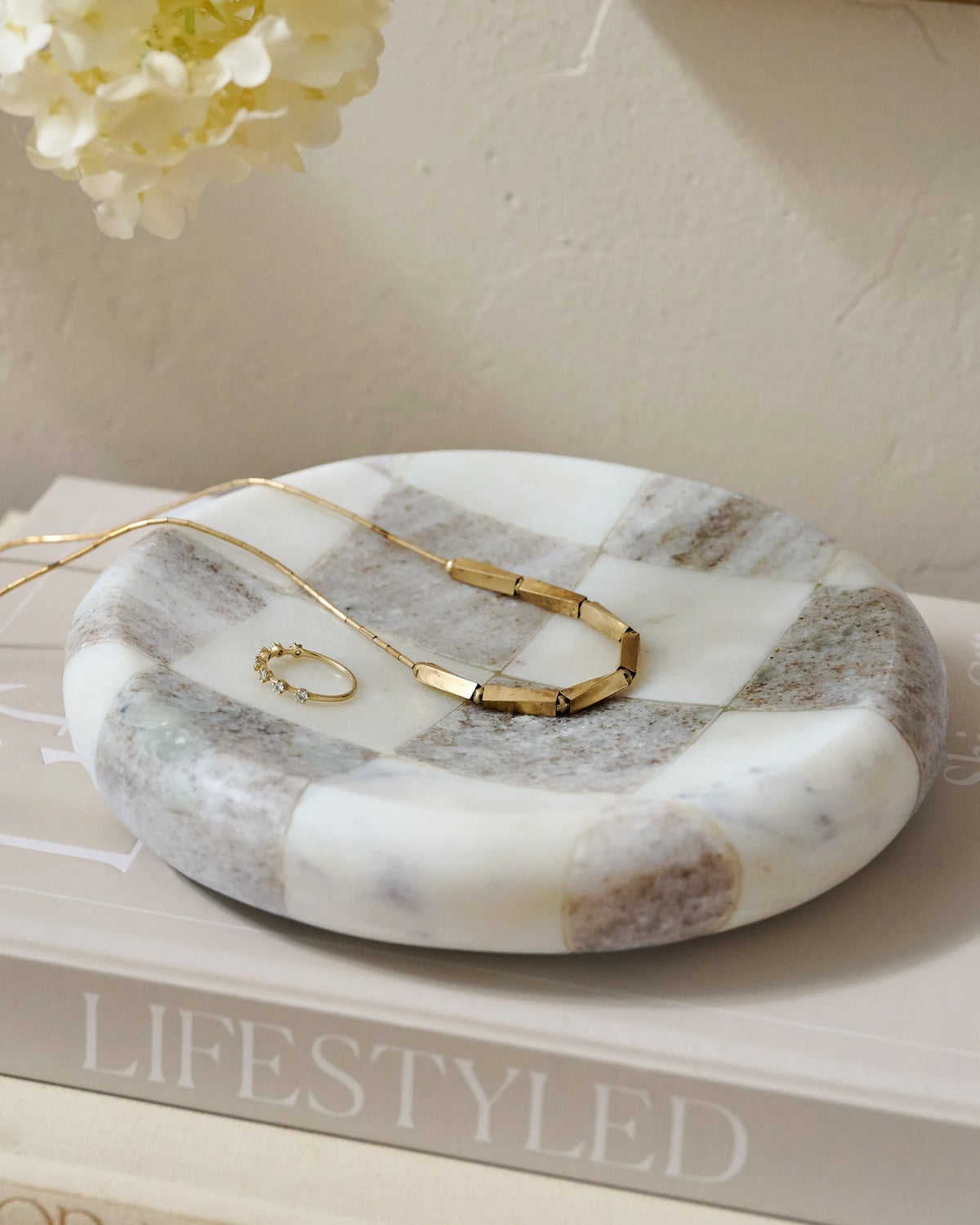 Checkered Marble Trinket Tray with Inlaid Diamond Pattern for Jewelry, Keys, and Small Keepsakes