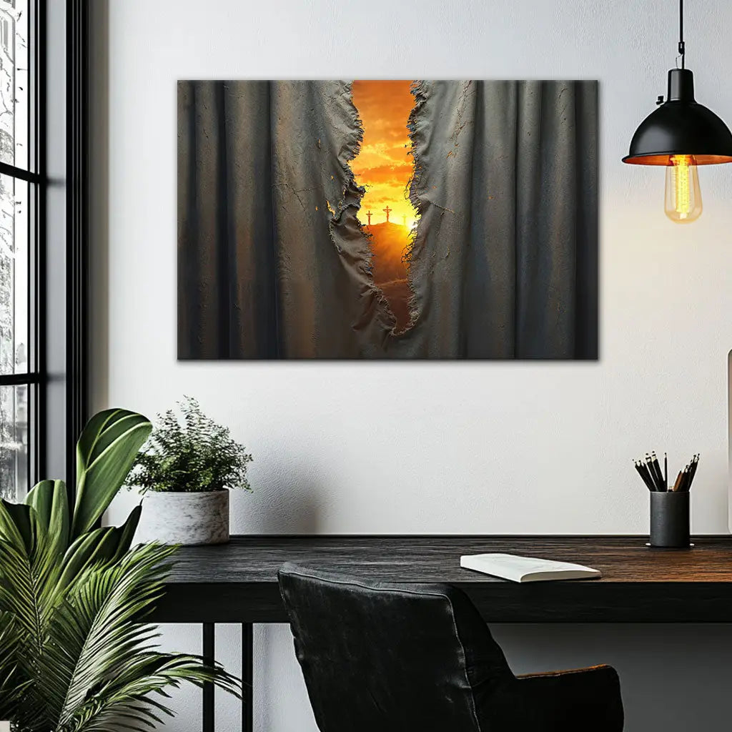 Christian Canvas Wall Art Depicting the Torn Veil and Three