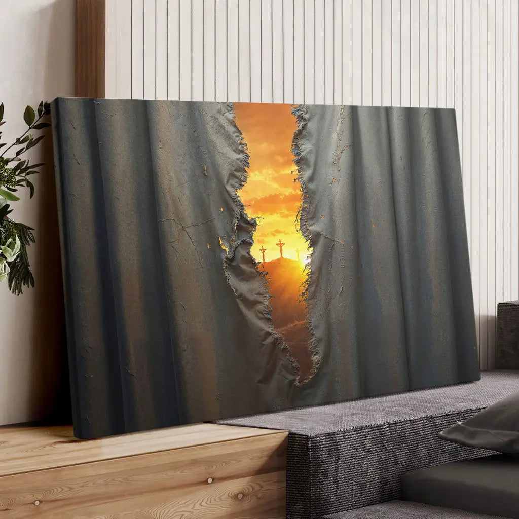 Christian Canvas Wall Art Depicting the Torn Veil and Three