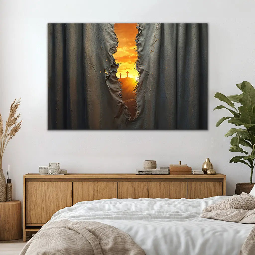 Christian Canvas Wall Art Depicting the Torn Veil and Three