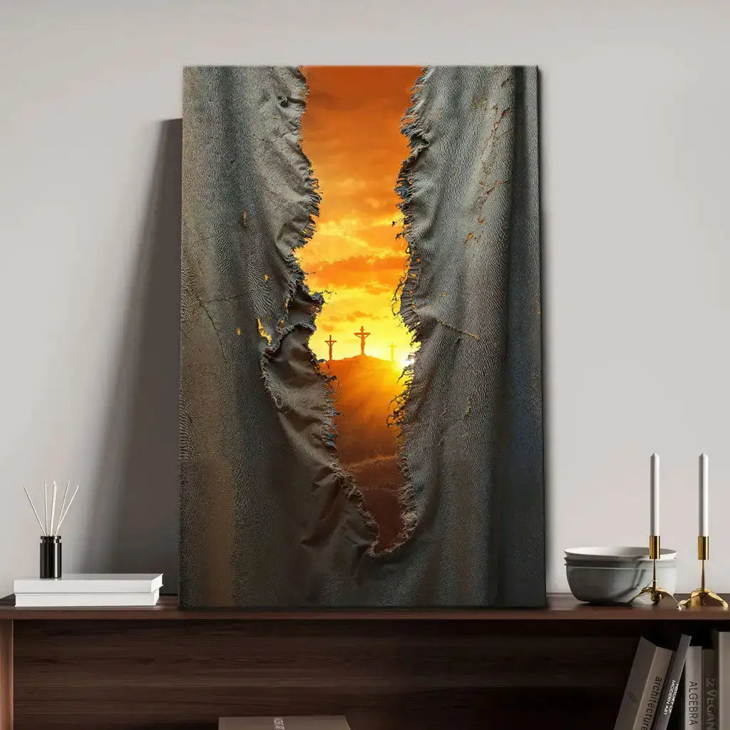Christian Canvas Wall Art Depicting the Torn Veil and Three