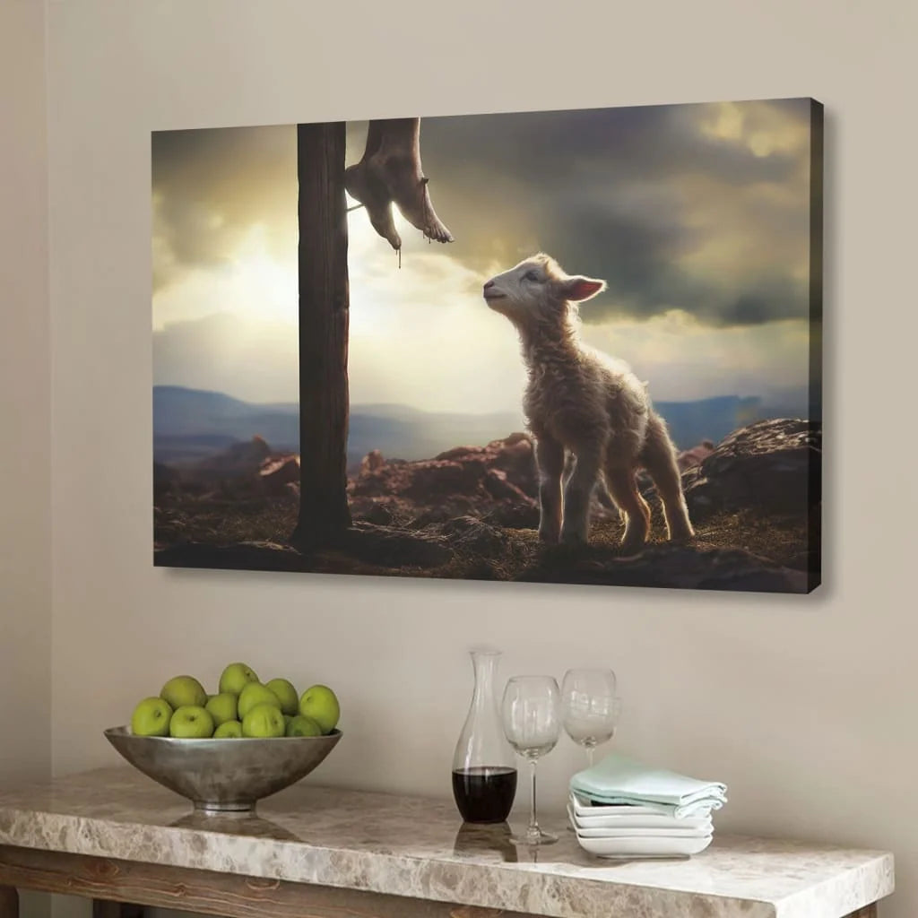 Christian Wall Art Canvas of a Lamb Looking Up at Jesus, Reflective Religious Decor for Family Spaces and Prayer Rooms