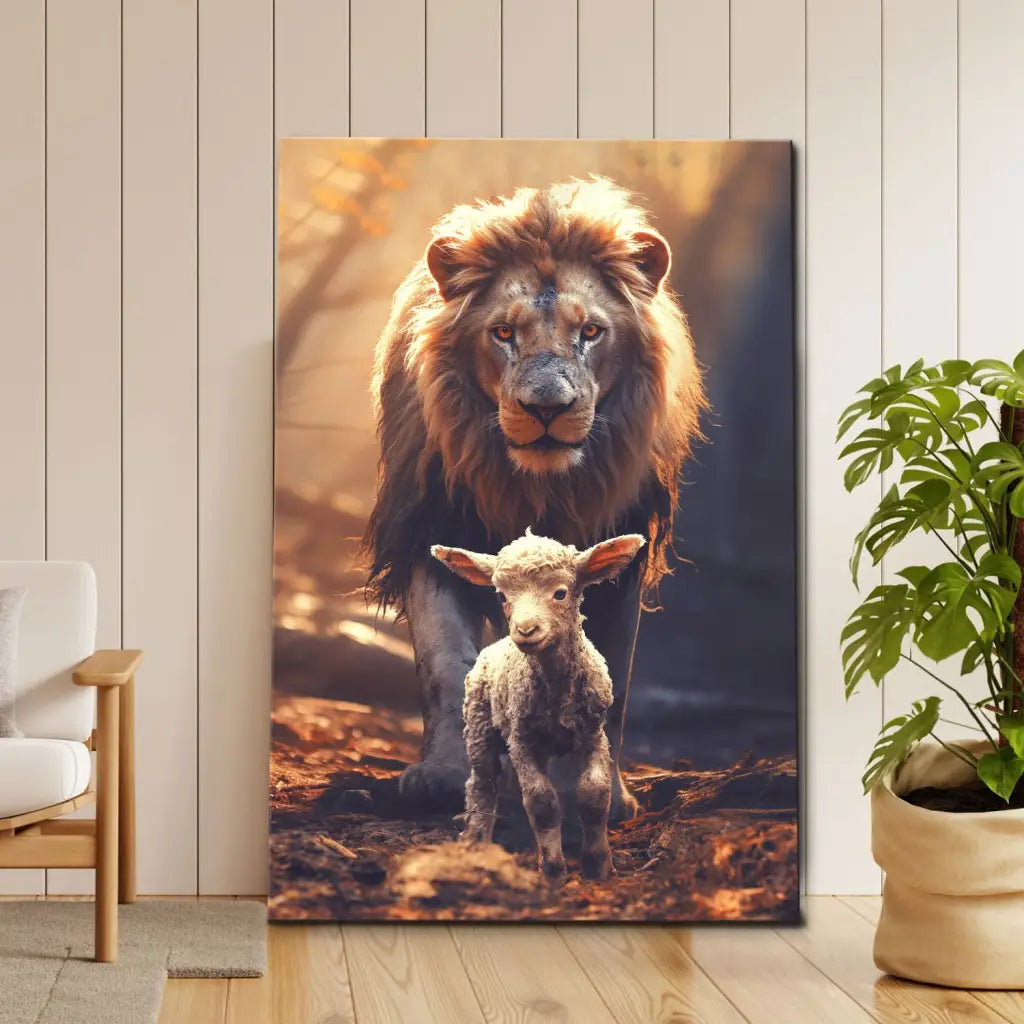 Christian Wall Art Canvas Print Featuring a Lion and Lamb Walking Together in a Peaceful Forest