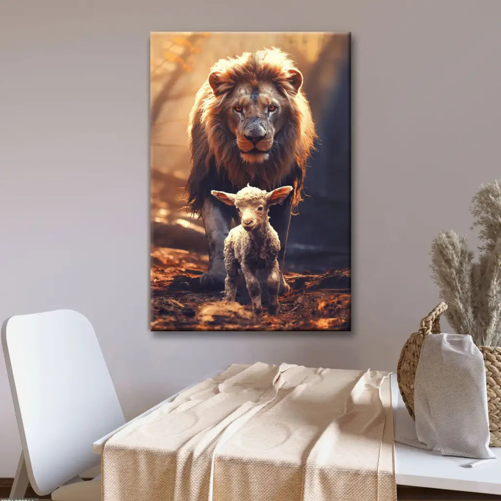 Christian Wall Art Canvas Print Featuring a Lion and Lamb Walking Together in a Peaceful Forest