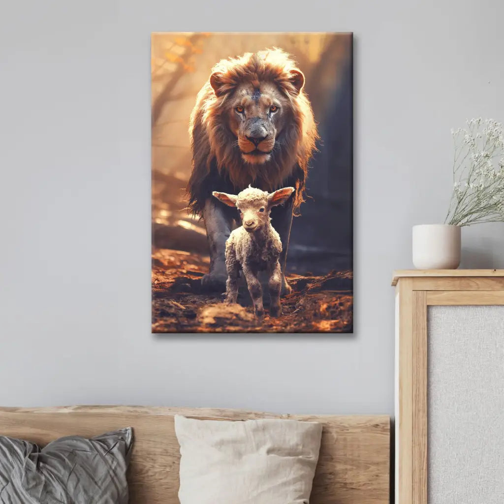 Christian Wall Art Canvas Print Featuring a Lion and Lamb Walking Together in a Peaceful Forest