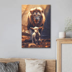 Christian Wall Art Canvas Print Featuring a Lion and Lamb Walking Together in a Peaceful Forest