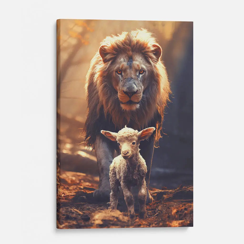 Christian Wall Art Canvas Print Featuring a Lion and Lamb Walking Together in a Peaceful Forest