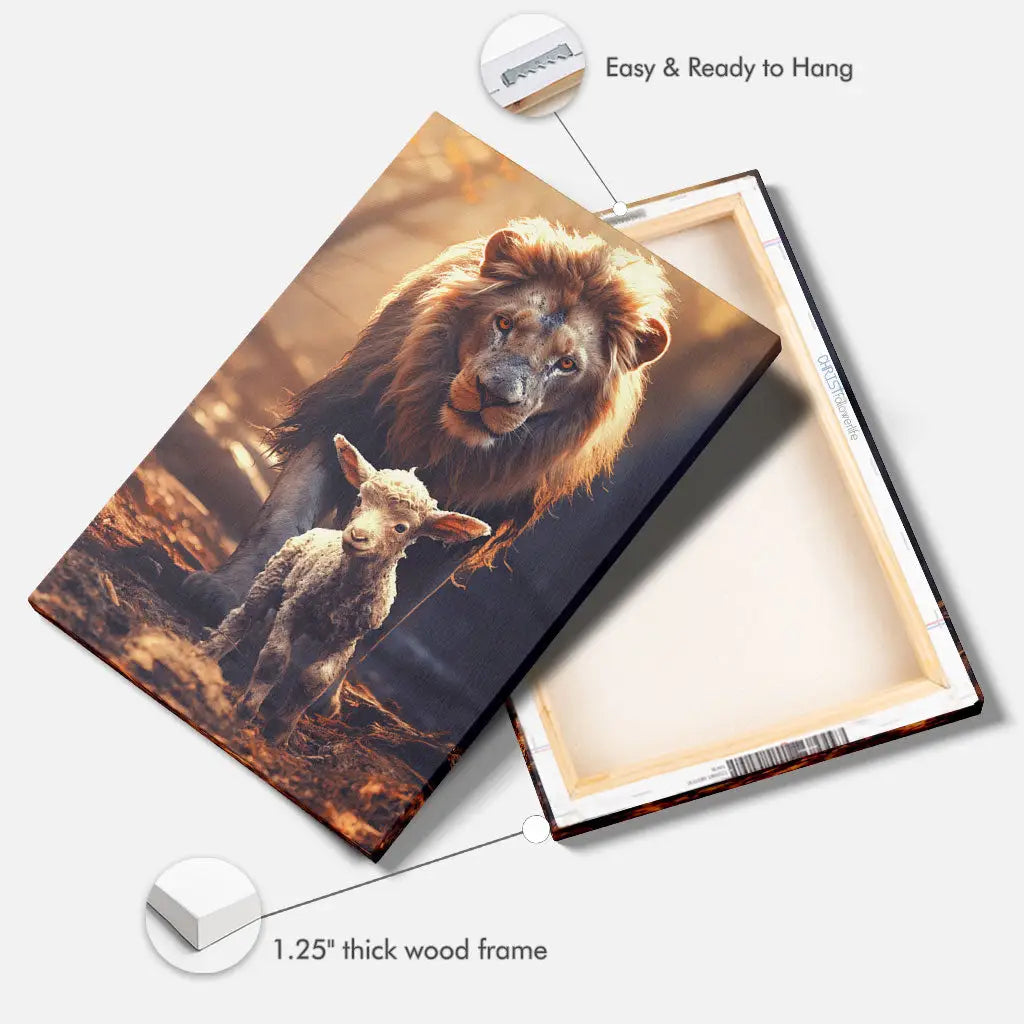 Christian Wall Art Canvas Print Featuring a Lion and Lamb Walking Together in a Peaceful Forest