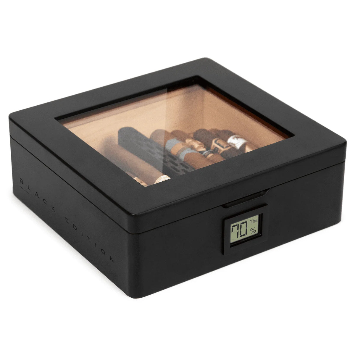 Cigar Humidor in Matte Black for 20–40 Cigars with a Built-In Digital Hygrometer and Spanish Cedar Lining