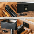 Cigar Humidor in Matte Black for 20–40 Cigars with a Built-In Digital Hygrometer and Spanish Cedar Lining