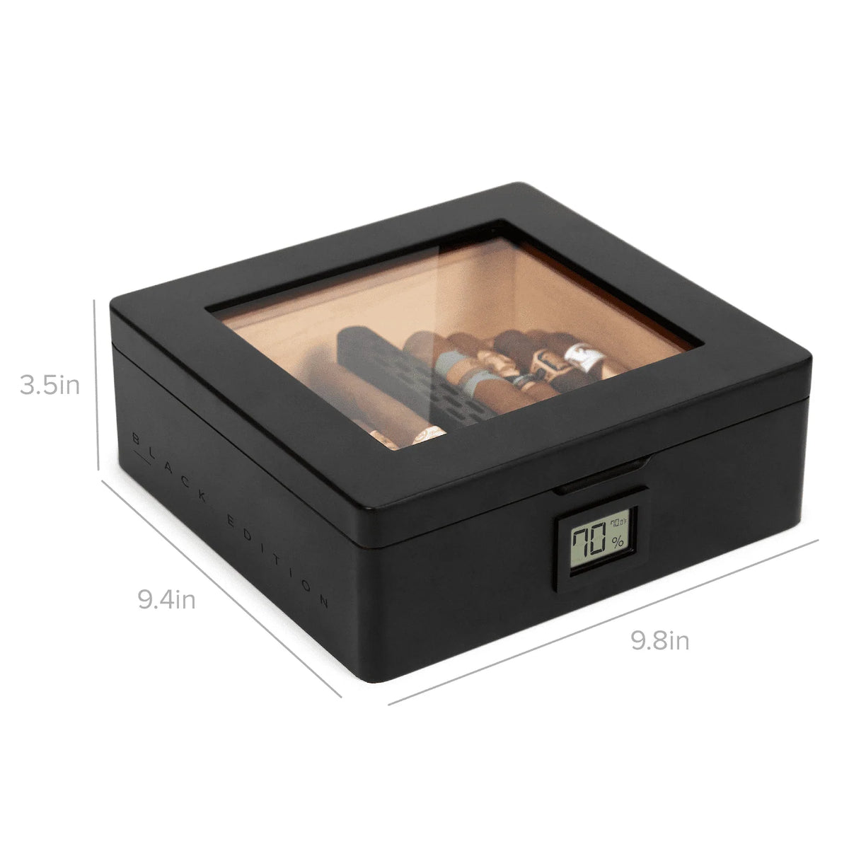 Cigar Humidor in Matte Black for 20–40 Cigars with a Built-In Digital Hygrometer and Spanish Cedar Lining