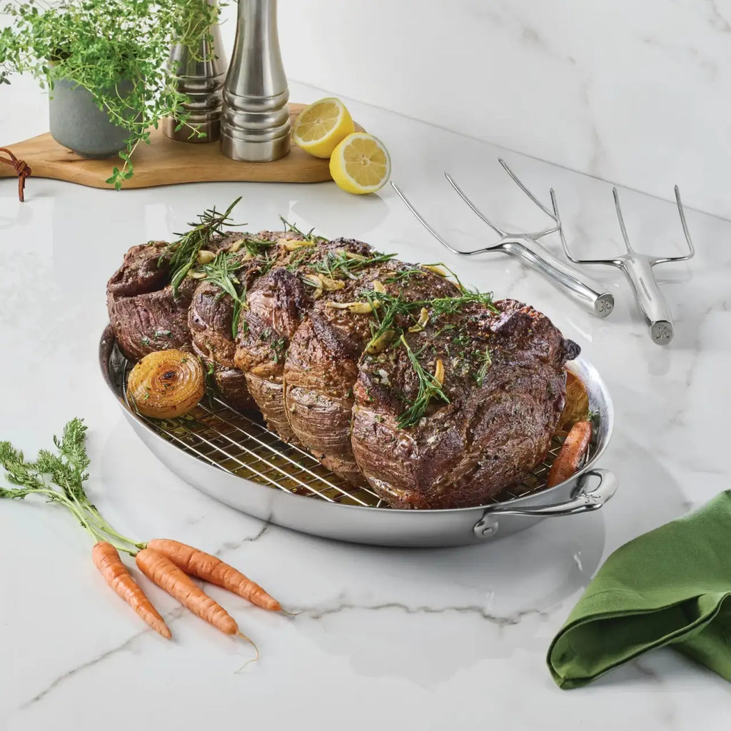 Clad Oval Roasting Pan with Optional Oval Rack, 17.5 x 14 Inch, 5.5 Quart Stainless Steel Bakeware