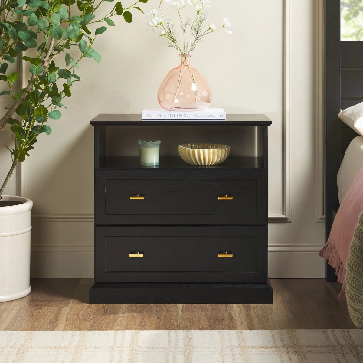 Classic Two-Drawer Nightstand, Black-1 Pack