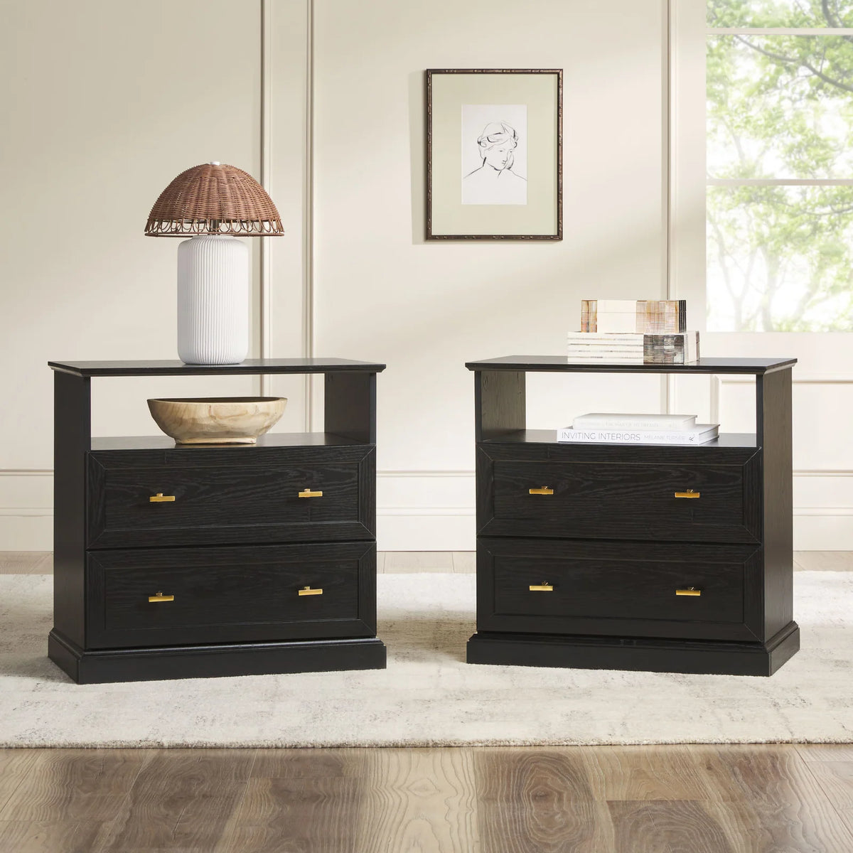 Classic Two-Drawer Nightstand, Black-2 Pack