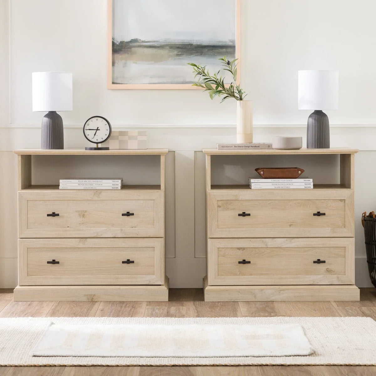 Classic Two-Drawer Nightstand, White Oak-2 Pack