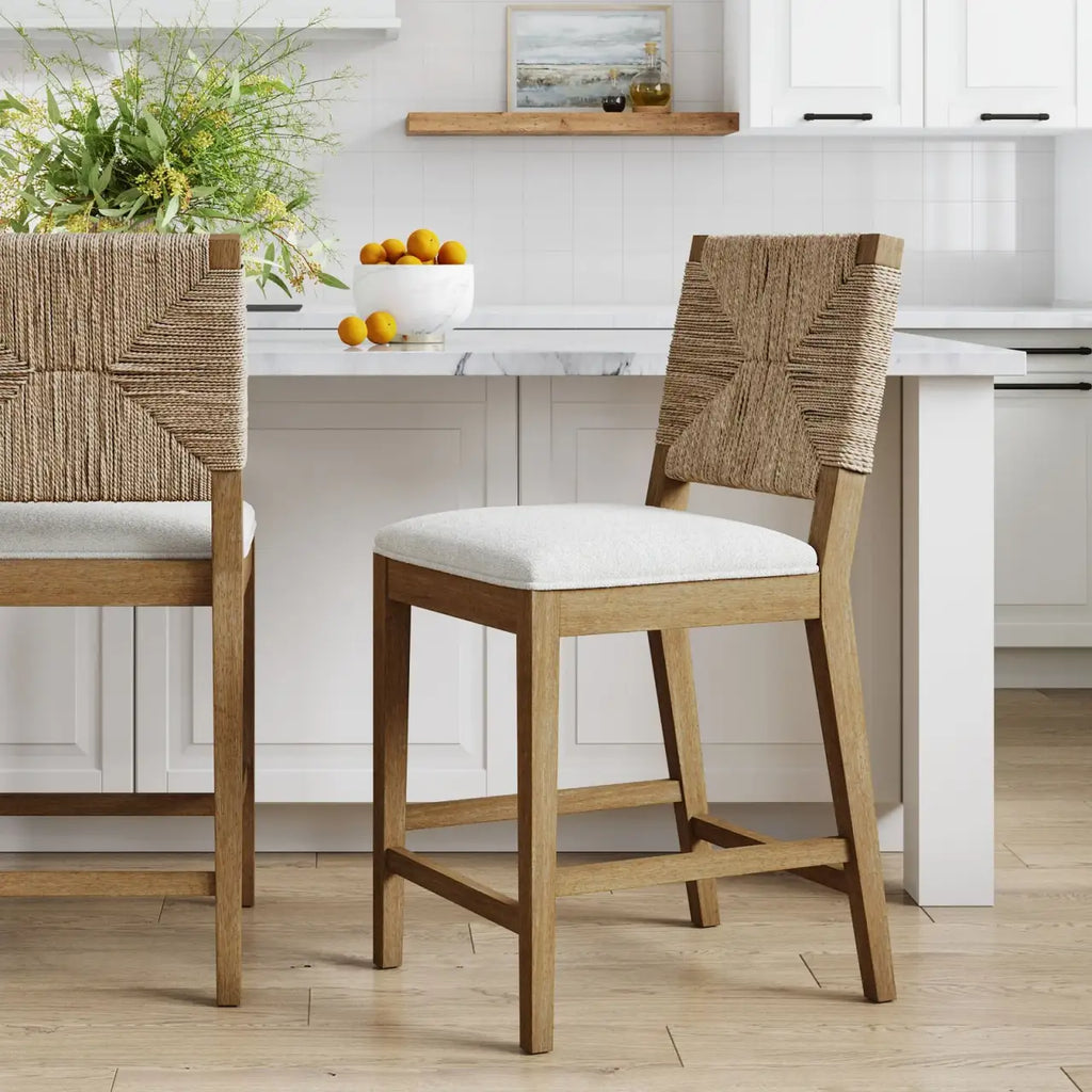 Coastal Modern Counter Stool, Brushed Light Brown-Seagrass-Cream