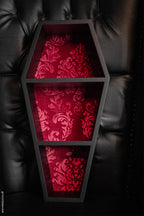 Coffin Wall Shelf with Embossed Velvet Damask Backing and Three Display Tiers in a Matte Black Finish — Red Velvet
