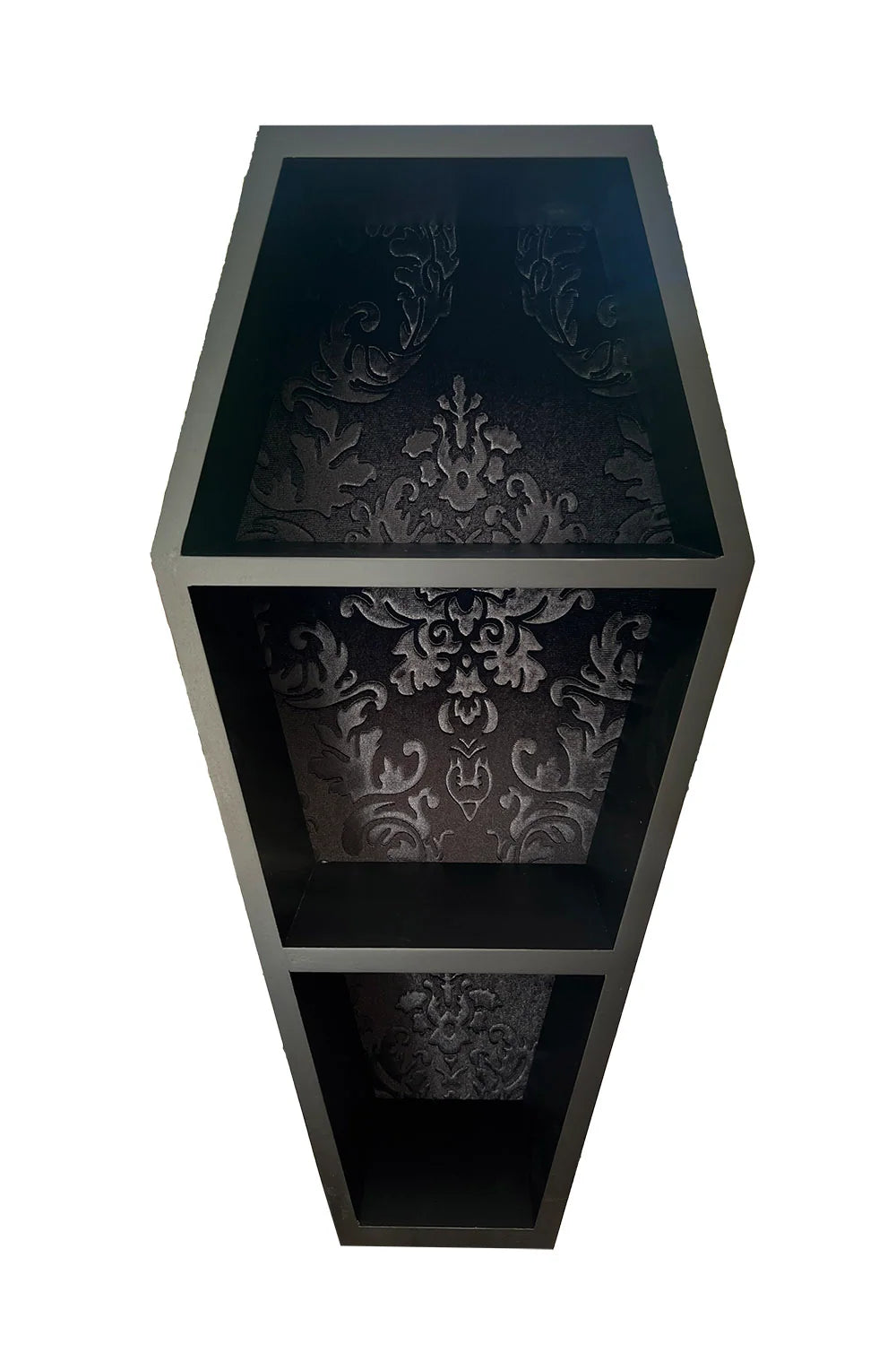 Coffin Wall Shelf with Embossed Velvet Damask Backing and Three Display Tiers in a Matte Black Finish