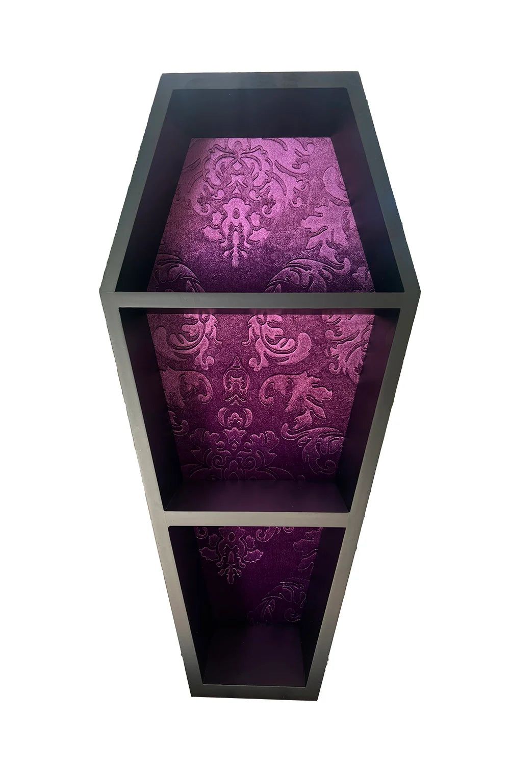 Coffin Wall Shelf with Embossed Velvet Damask Backing and Three Display Tiers in a Matte Black Finish