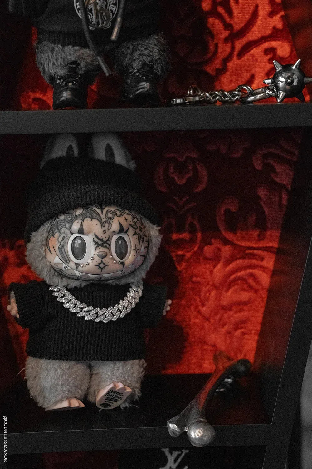 Coffin Wall Shelf with Embossed Velvet Damask Backing and Three Display Tiers in a Matte Black Finish