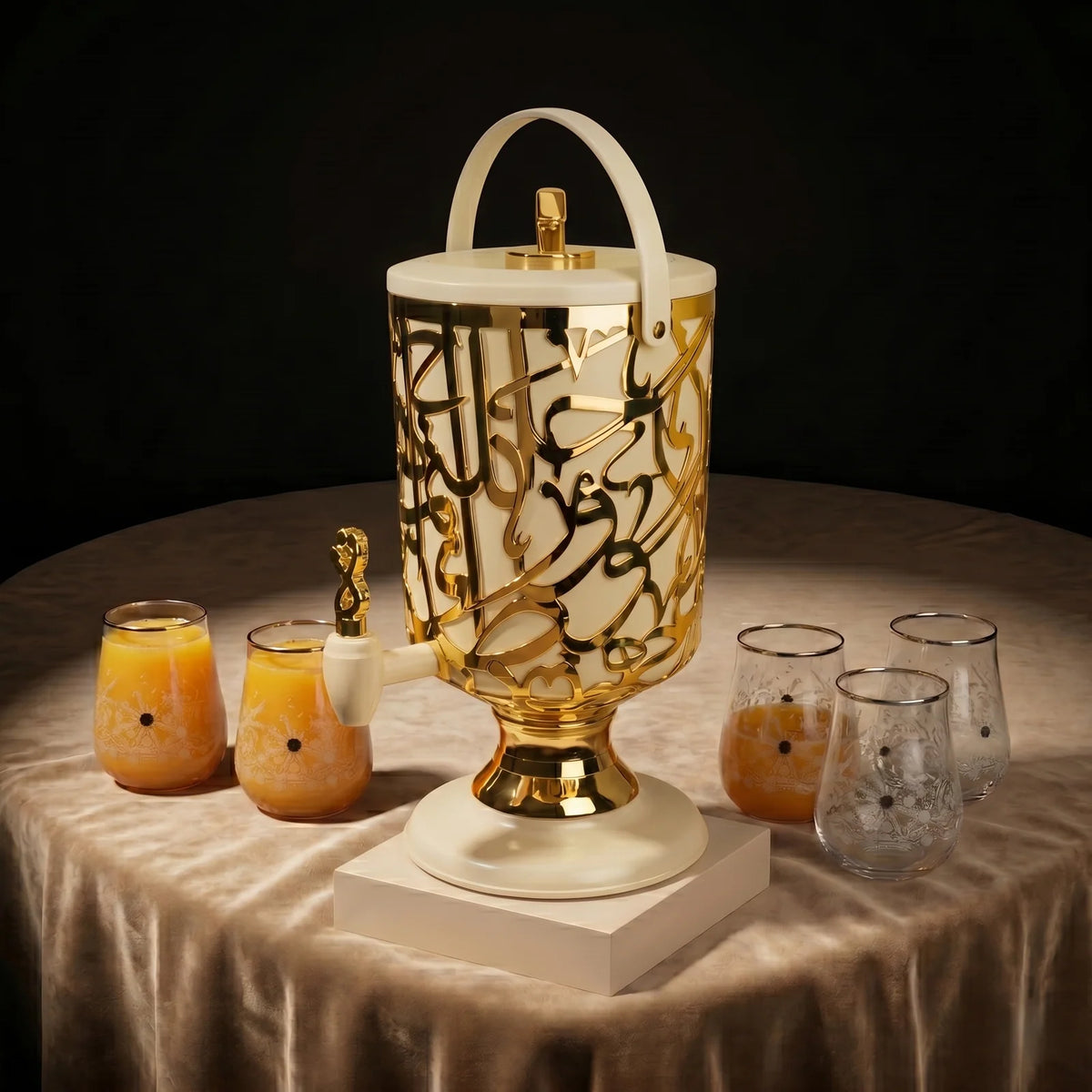 Cold Beverage Dispenser in Ivory and Gold, 3 Liters, Featuring Decorative Arabic Letters for the Table