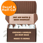 Cold Brew Coffee Bags 6-Pack with Decaf or Half-Caf for Easy Overnight Brewing at Home · Six bundles, four 2 oz bean bags