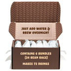 Cold Brew Coffee Bags 6-Pack with Decaf or Half-Caf for Easy Overnight Brewing at Home · Six bundles, four 2 oz bean bags