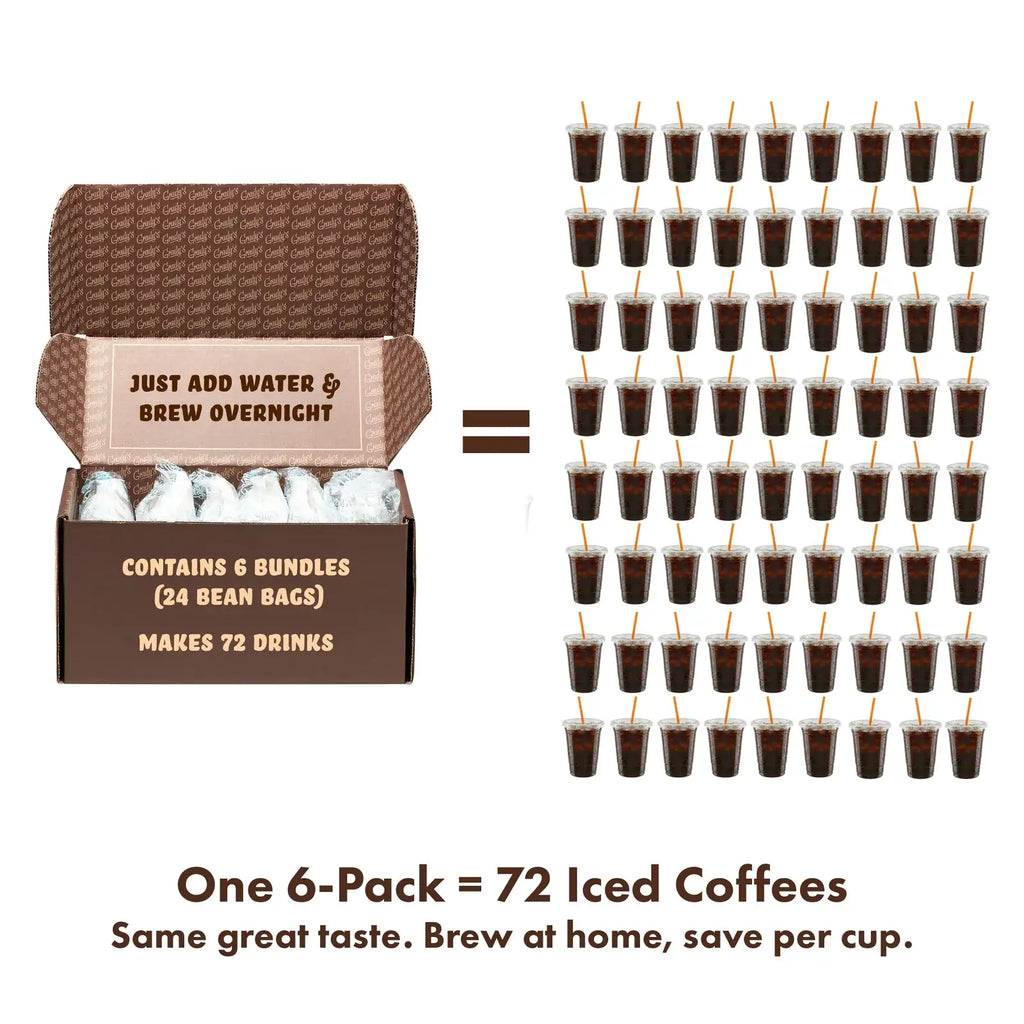 Cold Brew Coffee Bags 6-Pack with Decaf or Half-Caf for Easy Overnight Brewing at Home · Six bundles, four 2 oz bean bags